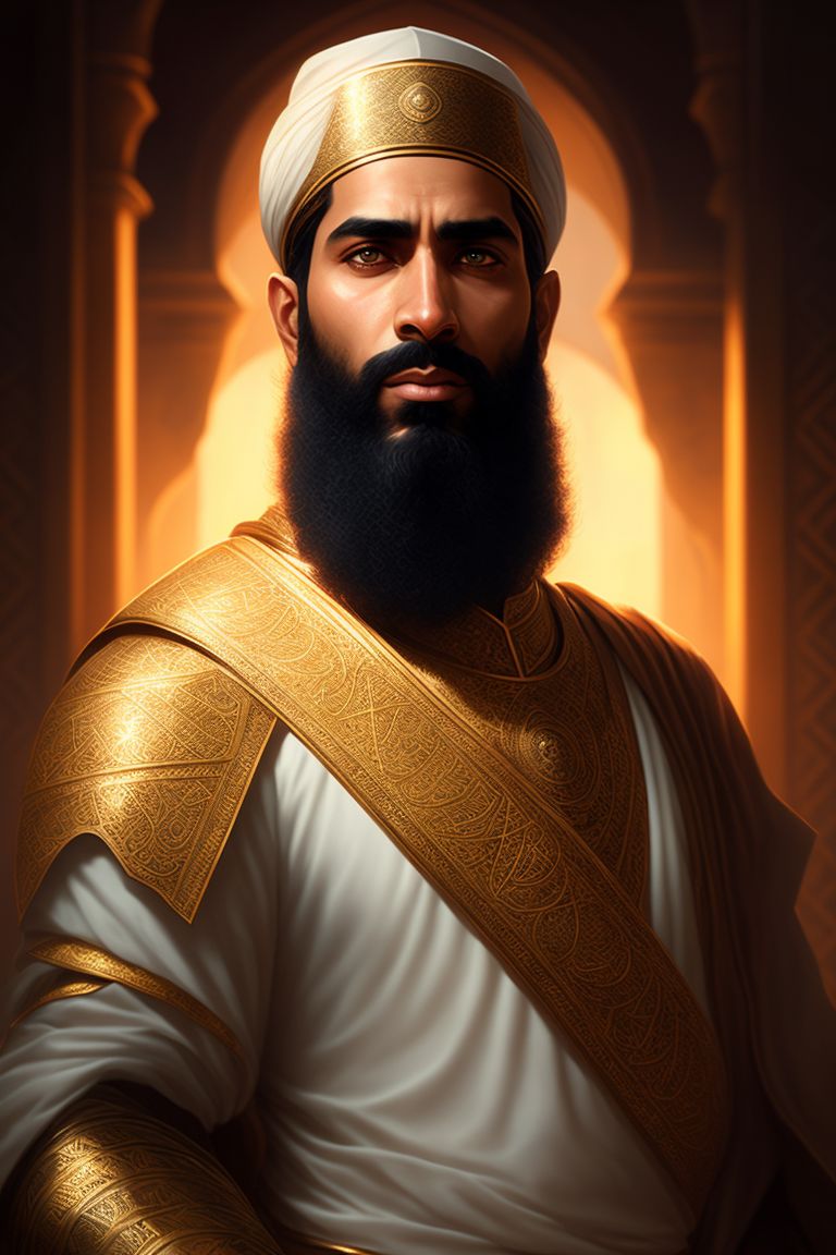 umar bin khattab, intricate details highlighting his journey as the second caliph, Warm lighting, portrait shot, Trending on Artstation, art by magali villeneuve and greg rutkowski, Sharp focus, historic, regal.