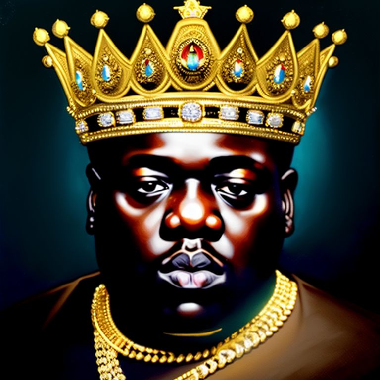 biggie smalls gold king crown only the crown on a dark background, i, g wearing a gold king crown, set against a dark background with warm lighting, highly detailed and textured, Digital painting, art by greg rutkowski and artgerm, inspired by baroque paintings, Sharp focus, trending on artstation.