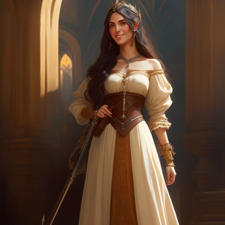 Profuse Ram Full Length Portrait Of A Female Half Elf Bard With Long Brown Hair Fair Skin