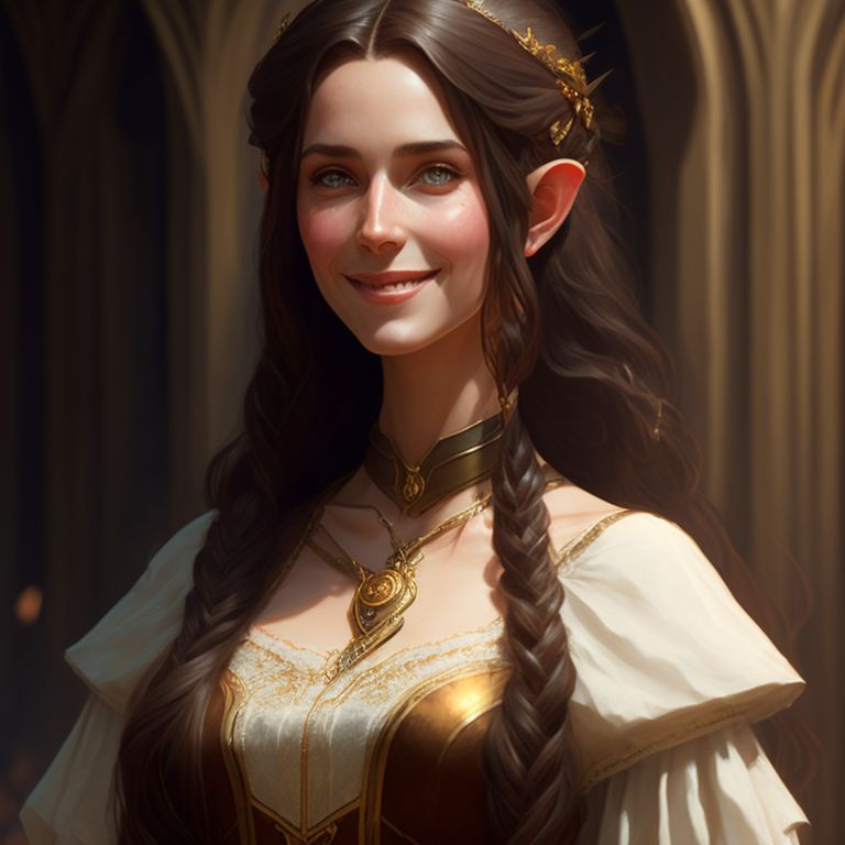 Profuse Ram Full Length Portrait Of A Female Half Elf With Long Brown Hair Fair Skin