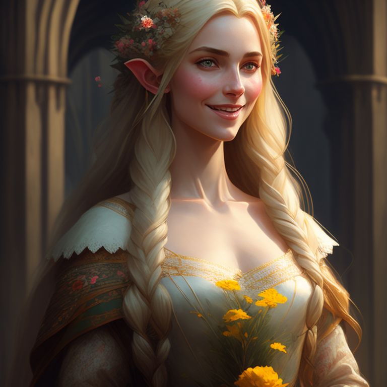 Profuse Ram578 Full Length Portrait Of A Female Half Elf With Long Blonde Hair With Flowers 4331