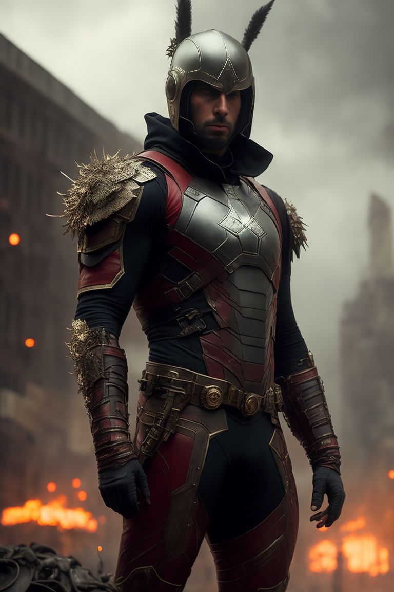 Fedoraxsa: Penance character, Robert Baldwin marvel character, grunge,  dark, cynical, clean character design, cinematic character poster, highly  detailed character, muscular, tight red suit with metal plating, leather  straps and metal spikes, metal