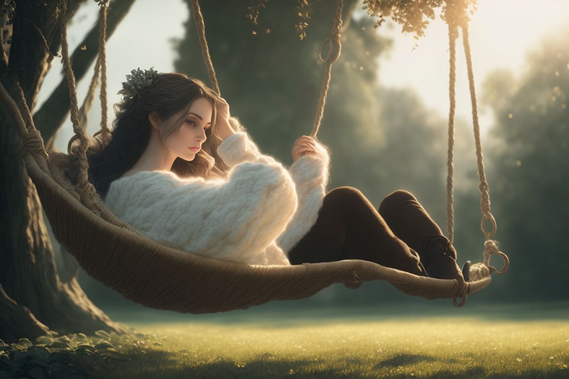 A person Relaxing in a Swing Chair, Realistic, best quality, hyper-realistic photograph, Photorealistic, by charlie bowater, by mark brooks, by pre-raphaelite brotherhood, by raffaello sanzio, dramatic characters design, nice shot, Octane render, trending on unsplash, 8k, Cozy