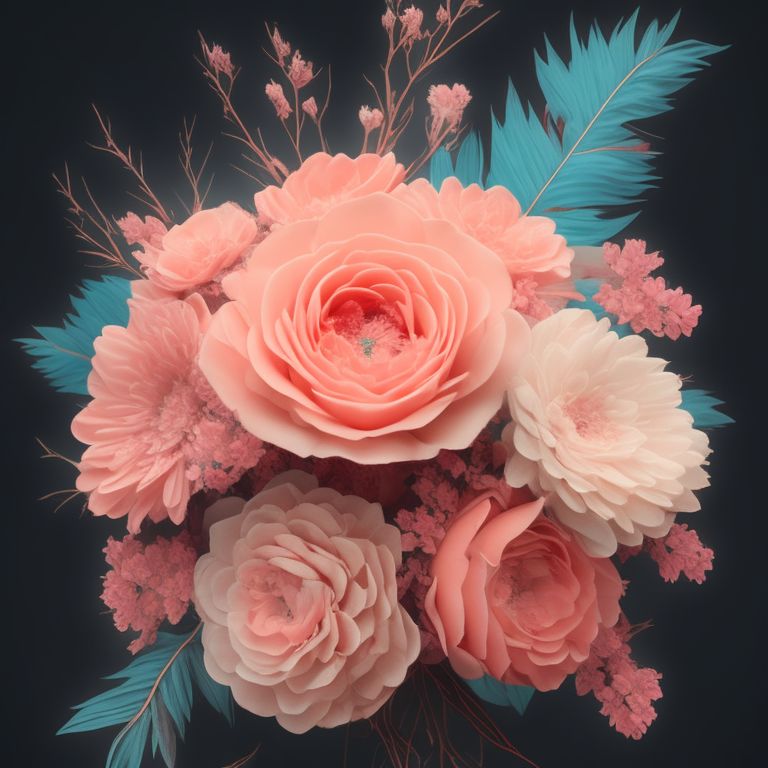 Extreme close-up, Dark academia aesthetic, Intricately detailed, Peach, pink, teal, Bouquet of flowers, High resolution, Dark academia, On a dark background