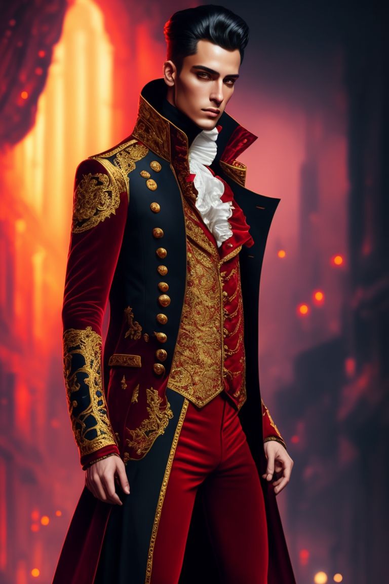 Max_Turbo: Mozart Style Modern Street Fashion male model with long red  velvet with gold ornated jacket 2024