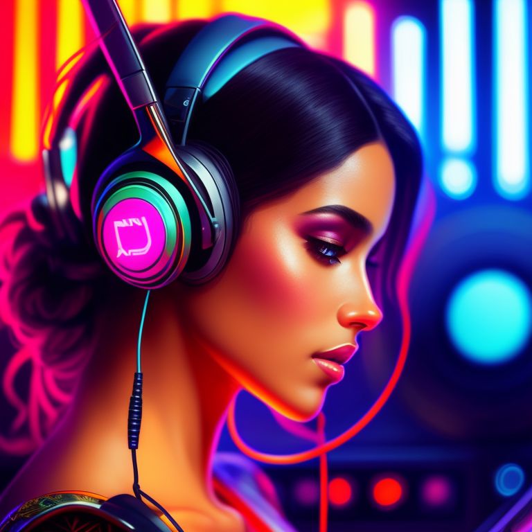 sharonxiiya beautiful dj wearing headphones, hands on dj keyboard