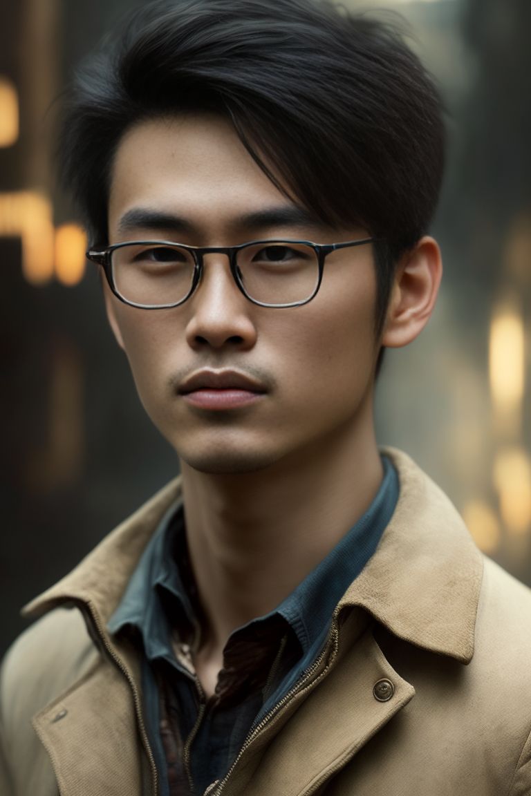 Portrait of Handsome Chinese young man, Glasses , Long hair, Film texture, Film light, masterpiece, atmospheric, High resolution, 8k, Hyper-detailed, HDR, 500px, Masterpiece, hight quality, best quality, realistic face, Realistic, realistic characters, realistic environment, realistic body, realistic eyes, realistic face, beautiful realistic photo of a realistic dramatic character, fusion between jeremy mann and childe hassam and daniel f gerhartz and rosa bonheur and thomas eakins and wes anderson", Cinematic, nice shot, Long shot, fullbody, CinemaHelper, PhotoHelper, 16K, gfpgan