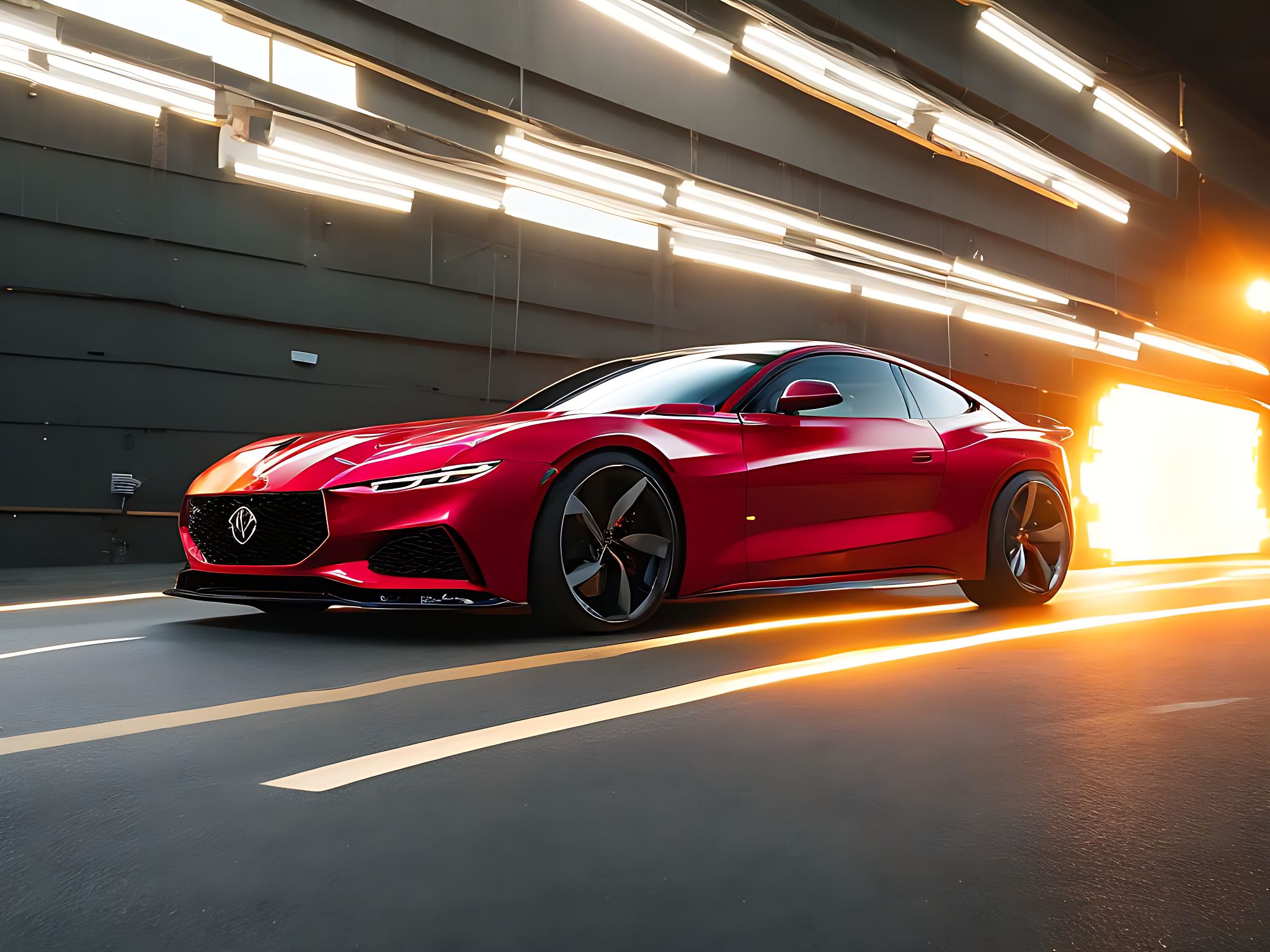 einmaio: side view of a red supercar, headlights, tunnel, Automotive  photography, Studio lighting, city lights, neon, FILM, motion blur