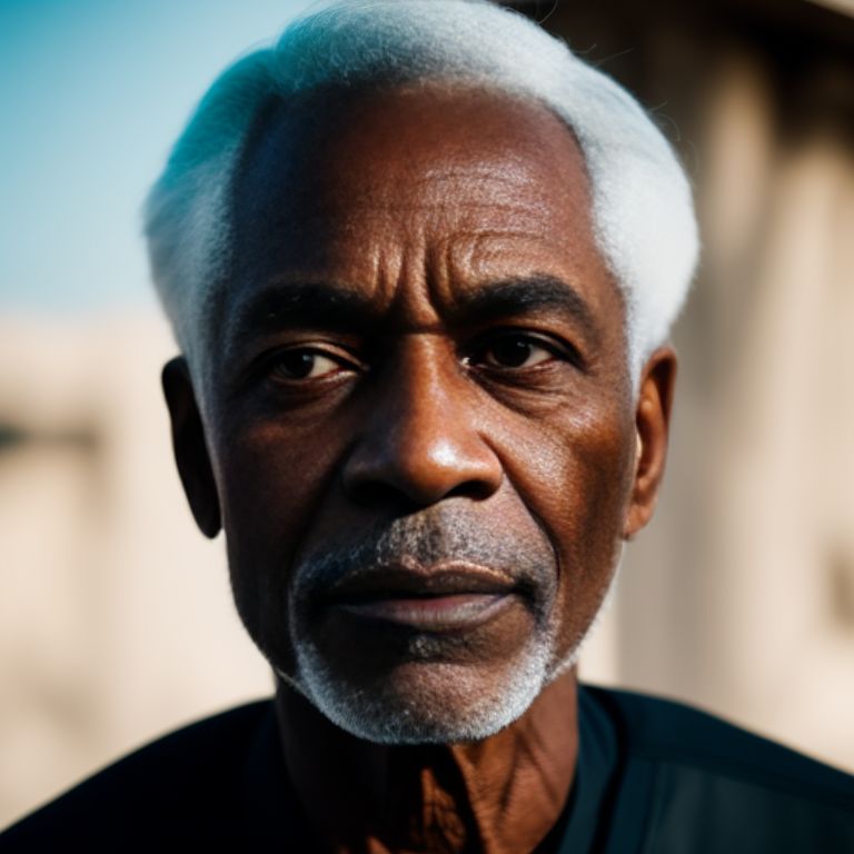 protrait, photograph, androgynous older black man, oval jaw, delicate features, handsome face, silver hair, bright blue-green eyes, Cinematic, Photography, Sharp, Hasselblad, Dramatic Lighting, Depth of field, Medium shot, Soft color palette, 80mm, Incredibly high detailed, Lightroom gallery