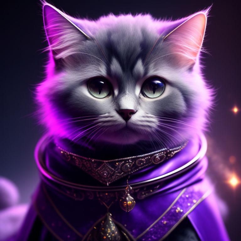 a cute purple cyclops cat in space , Realistic, magician, Portrait, finely detailed mage's cloak, intricate design, Silver, silk, Cinematic lighting, straight, 8k, fullbody