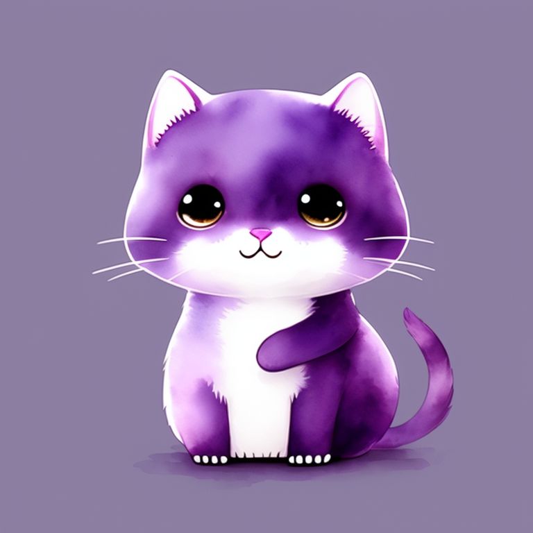 purple cat in , baby animal, big head, small body, cute animal, cute clothing, Full body, Cute Eyes, cute expressions, watercolor style, storybook style, Character design, illustrator, digital watercolor, White background, cartoon style, Kawaii, simple characters