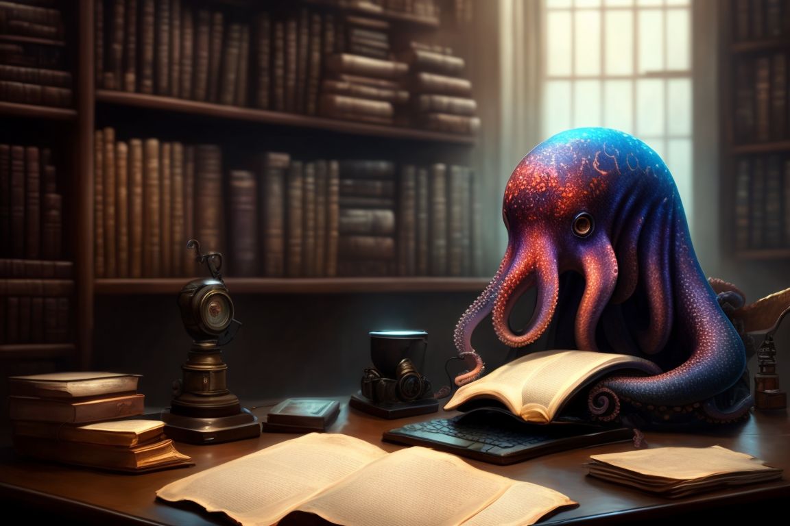 Josepho keefe a sad octopus sitting on a chair typing on a computer