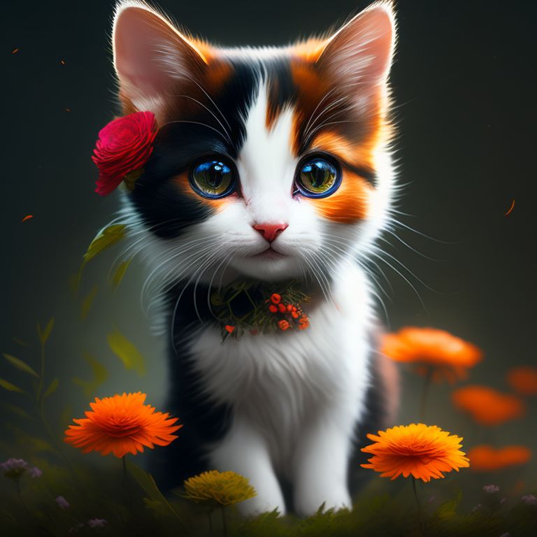 grimtermite247 A calico cat holding a bouquet of flowers