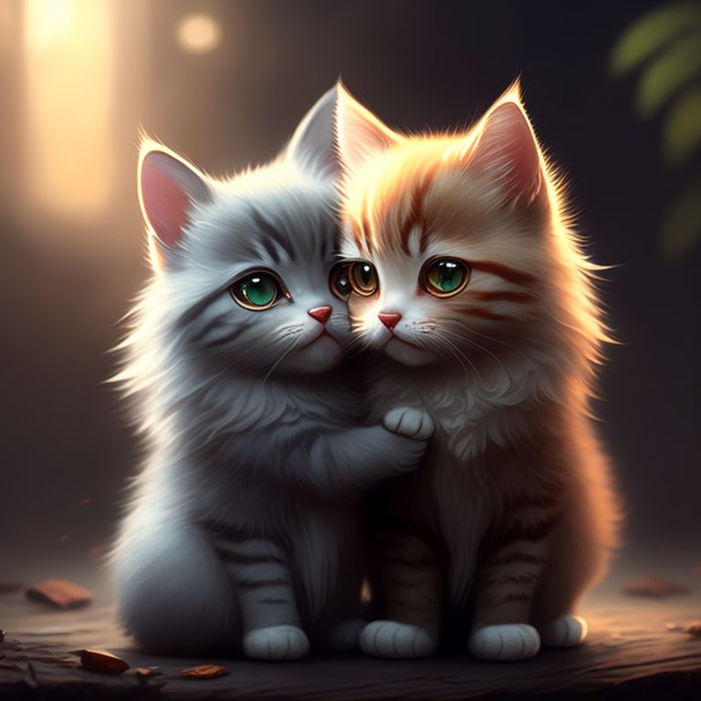 very cute tiny, two cute cats hugging each other

, rim lighting, adorable big eyes, small, By greg rutkowski, chibi, Perfect lighting, Sharp focus