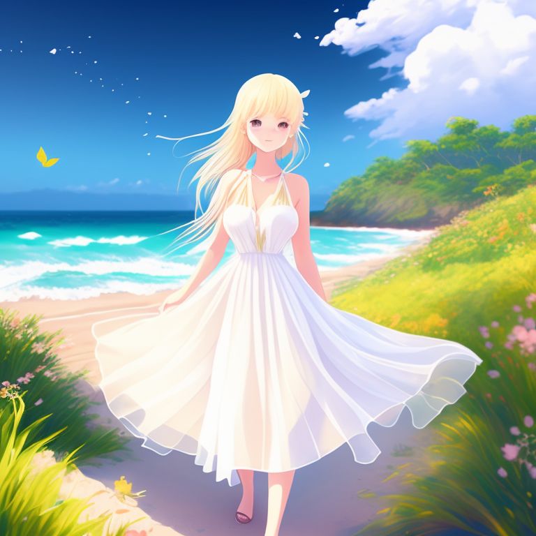 smart-toad113: cute girl, white see through dress, silk dress, medium  sized, blonde, breeze with leaves, beach in background, studio Ghibli art  style, windy