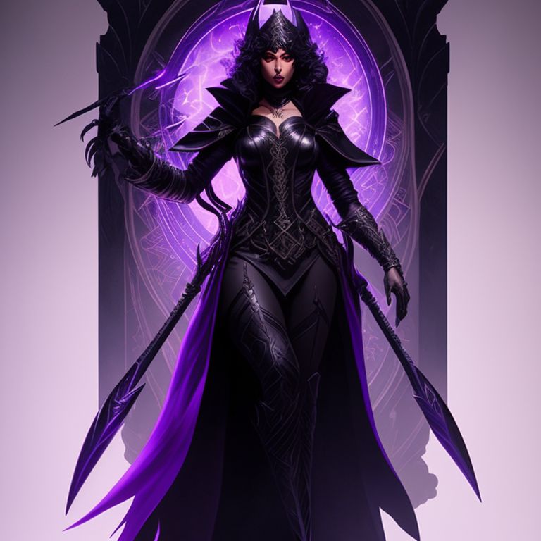 Witch character design full body black purple silver staff magic goddess, highly detailed and with intricate design, with a dark and moody background reminiscent of old spy movies, art by artgerm and greg rutkowski, using low-key lighting to create a sense of danger and mystery.