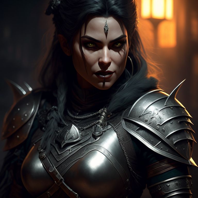 Orc Female knight  medieval fantasy paladin tavern silver armor green skin fangs, highly detailed and with intricate design, with a dark and moody background reminiscent of old spy movies, art by artgerm and greg rutkowski, using low-key lighting to create a sense of danger and mystery.