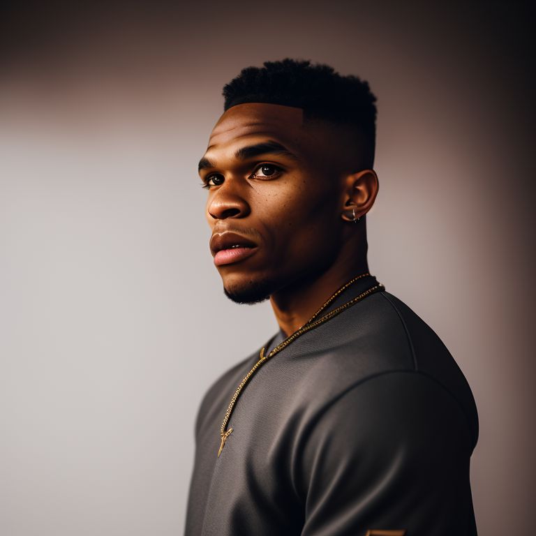 russel westbrook, Cinematic, Photography, Sharp, Hasselblad, Dramatic Lighting, Depth of field, Medium shot, Soft color palette, 80mm, Incredibly high detailed, Lightroom gallery