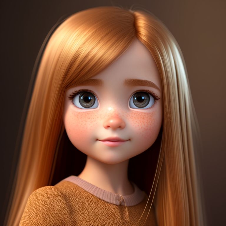 brown eyes, very long dark golden hair, little girl character, brown pupils, tiny, cute, 8 years old girl, Beautiful face, brown eyes, golden hair, freckles, 3d pixar cartoon character style, realistic