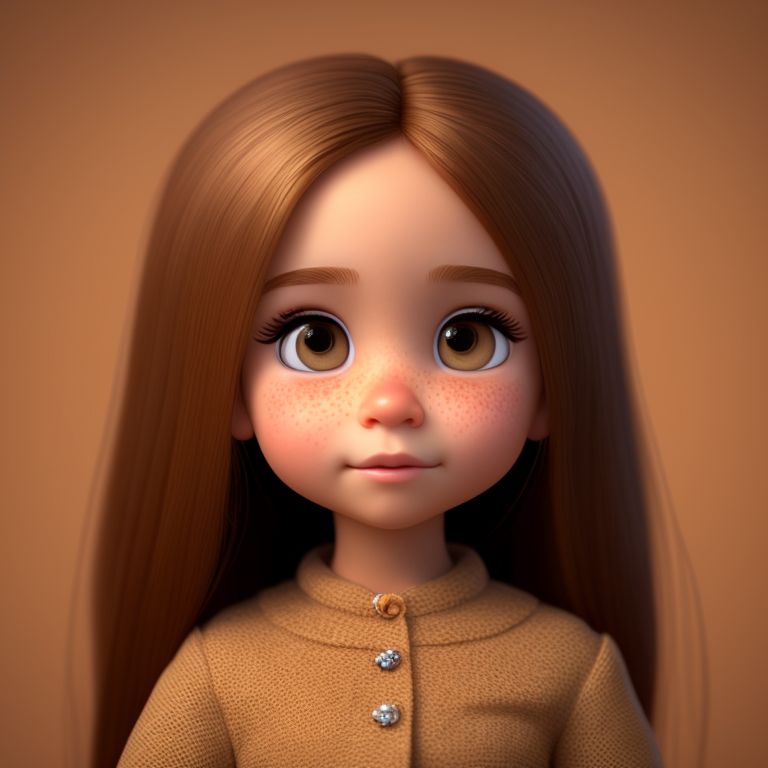 brown eyes, very long dark golden hair, little girl character, brown pupils, tiny, cute, 8 years old girl, Beautiful face, brown eyes, golden hair, freckles, 3d pixar cartoon character style, realistic