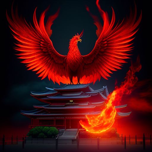onlygrouse769 A red phoenix with flaming wings above japanese castle