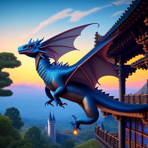 A European blue shiny dragon flying over a castle, 3D photorealism, Pixel, Super-resolution, Ultra realistic, Cinematic setting, 3d background, Game assets, Mid century, Victorian era, Castle, Traditional Japanese Art Style, At sunset