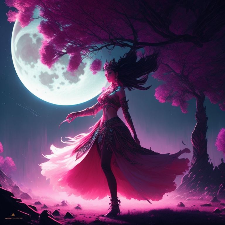runnygoose747 Moon princess dancing under pink tree at stary night