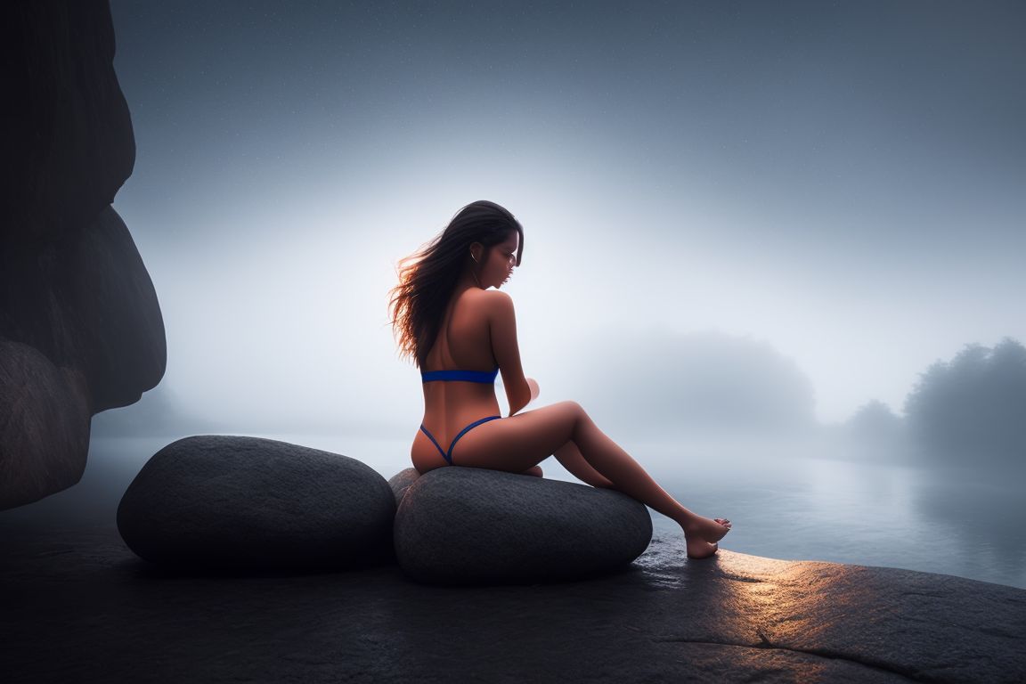 known-mouse687: young girl in bikini spread legs on the stone in the middle  of the night, foggy wheater, 4k ultra hd oil panting