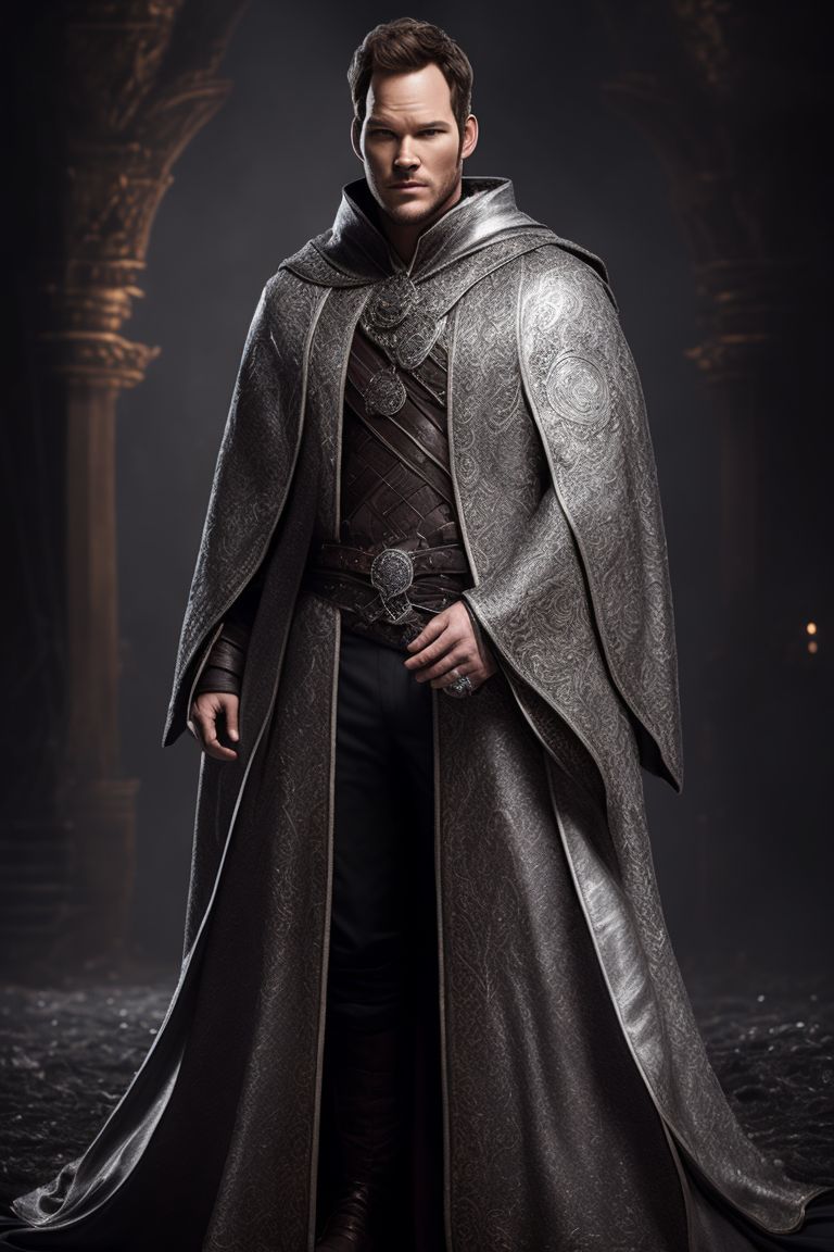 Chris Pratt, Realistic, magician, Portrait, finely detailed mage's cloak, intricate design, Silver, silk, Cinematic lighting, straight, 8k, fullbody