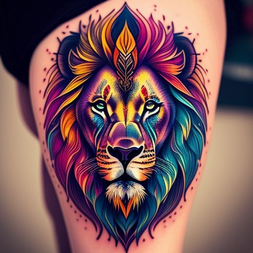 lion tattoo for women, Highly detailed, colorful lion tattoo design with vibrant hues, intricate linework, Sharp focus, bold contrast, trending on instagram, art by paul davies, tattooed on the upper arm.