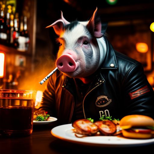 shiny-rook843: A sad biker pig in bar with dish full of sausages and and  another dish full of burgers smoking a cigarette
