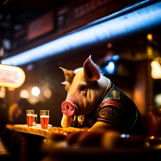 shiny-rook843: A crying biker pig in bar with dish full of sausages and and  another dish full of burgers smoking a cigarette