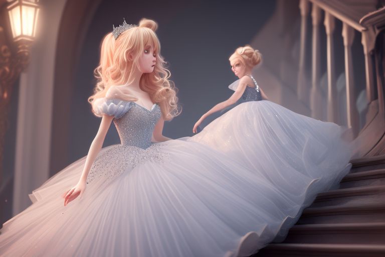 sociable-toad9: a princess runing down a stair, cinderella, wearing silver  tulle ballgown, with strawberry-blonde hair with big bun, magical, crystal,  detailed, night, 3 d, octance render, by wlop, dark academia