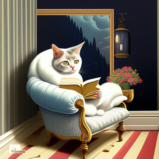 grim-termite247: cat sitting in a cozy living room reading a book in an ...