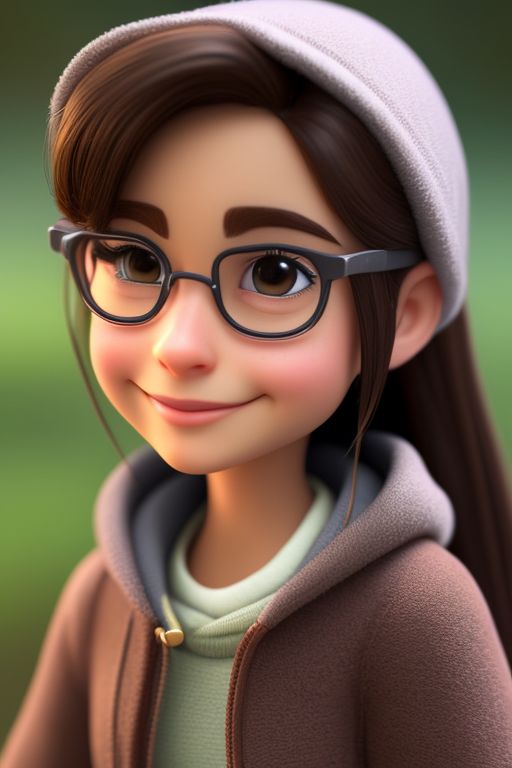 Cute girl, brown hair, gray hoodie, glasses, close up, 3D, Tiny cute, A lot of depth, Bokeh, Hyper detailed, Fun, Cartoon, Masterpiece, best quality, realistic disney animation  face, Realistic, realistic disney animation characters, realistic disney animation environment, realistic disney animation body, beautiful realistic photo of a realistic disney animation character, disney animation cinematic, nice shot, Long shot, fullbody
