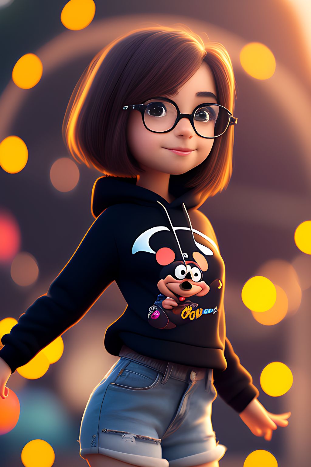 standing centered, Pixar style, 3d style, disney style, 8k, Beautiful, Cute girl, brown hair, black hoodie, glasses, close up, 3D, cute, A lot of depth, Bokeh, Hyper detailed, Fun,
