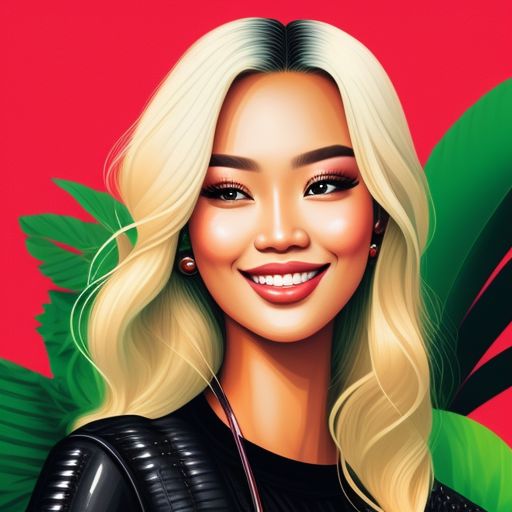 milky-monkey760: A blonde racially ambiguous woman with green eyes smiling  and wearing a black louis vuitton outfit. A forested background that looks  like Singapore