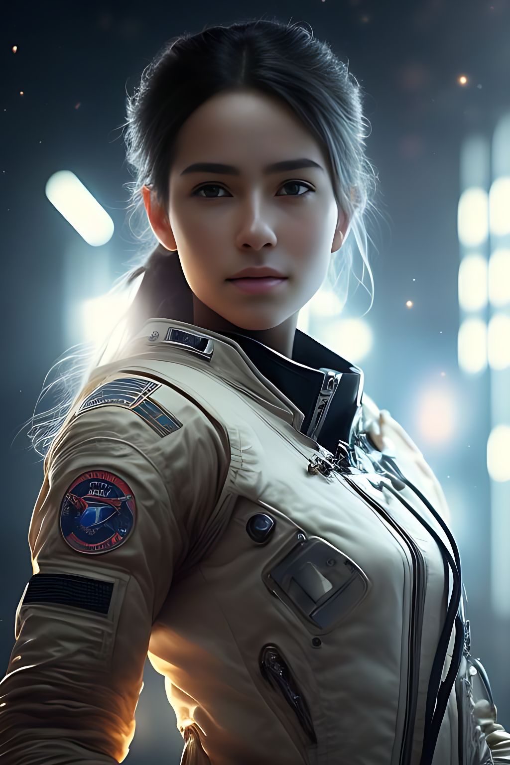 featuring medium shot anime portrait of a young women astronaut in space, stars, nebulas, realistic pose, hyper real, octane render, cinematic lighting, 4k, edge lighting, light bloom, perfect shading, Masterpiece, Realistic, superrealism, realistic face, realistic hair, realistic eyes, realistic characters, realistic environment, realistic body, realistic physiology, hight quality, best quality, beautiful realistic photo of a realistic dramatic character, fusion between jeremy mann and childe hassam and daniel f gerhartz and rosa bonheur and thomas eakins and wes anderson", Cinematic, smooth skin, flawless complexion, uplight, illuminating, nice shot, fine detail, CinemaHelper, PhotoHelper, 16K, gfpgan, fullbody, realistic face, Long shot, fullbody