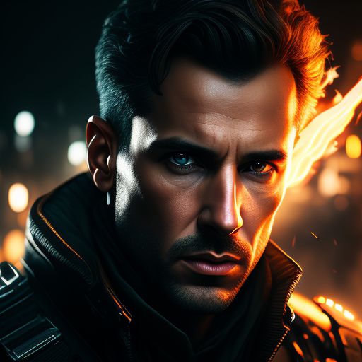 close-up portrait, action portrait of a young man who controls light, one eye is glowing fire, the other is blind. He is surrounded by the ruins of a medieval town., emitting diodes, Sparks, background by artgerm, explosions, Photography, Sharp, Hasselblad, Dramatic Lighting, Depth of field, Medium shot, Soft color palette, 80mm, Incredibly high detailed, Lightroom gallery, Epic movie, well drawn hands, fumes, 4k, Sharp focus, Detailed character design, Smoke, artillery, by pascal blanche, rutkowski, repin, Artstation, Hyperrealism, Painting, Concept art, detailed character design, Matte painting, 64k resolution, Blade Runner, Sharp focus, dof, Studio photo, Intricate details, Highly detailed, by Steven Spielberg