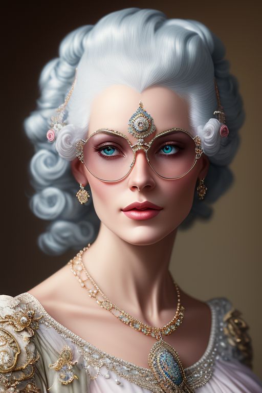 french rococo style, woman, white hair, light pastel colours, perls, diamonds, marie antoinette hair style, light pink, blue, big barroco dress, fantasty glasses, large colorful necklace, Rococo punk sunglasses, Regal, dignified, official, formal, detailed clothing, Warm lighting, digital portrait by greg rutkowski and alphonse mucha, Trending on Artstation, Highly detailed, Sharp focus, Intricate, elegant.