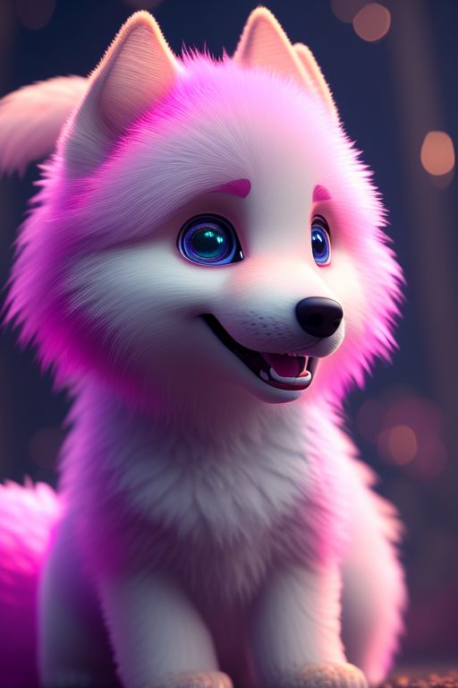 buoyant-dunlin9: uper cute, Baby, Pixar, a fluffy pink wolf, Big bright  eyes, Fluffy, Smile, pointy ears, Delicate and fine, Fairy tales,  Incredibly high detailed, Pixar style, Bright color palette, Natural light,  Simple