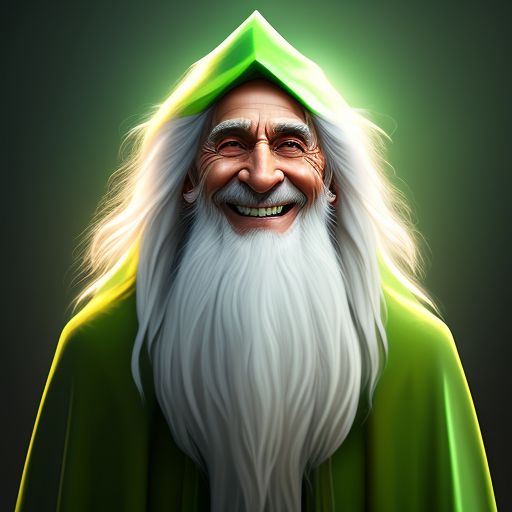very old skinny wizard with long wispy white hair, milky eyes, long nose, green wizard robes, big smile, male