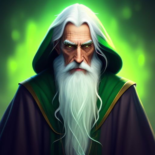 very old skinny male wizard with long wispy white hair, milky eyes, long nose, green wizard robes
