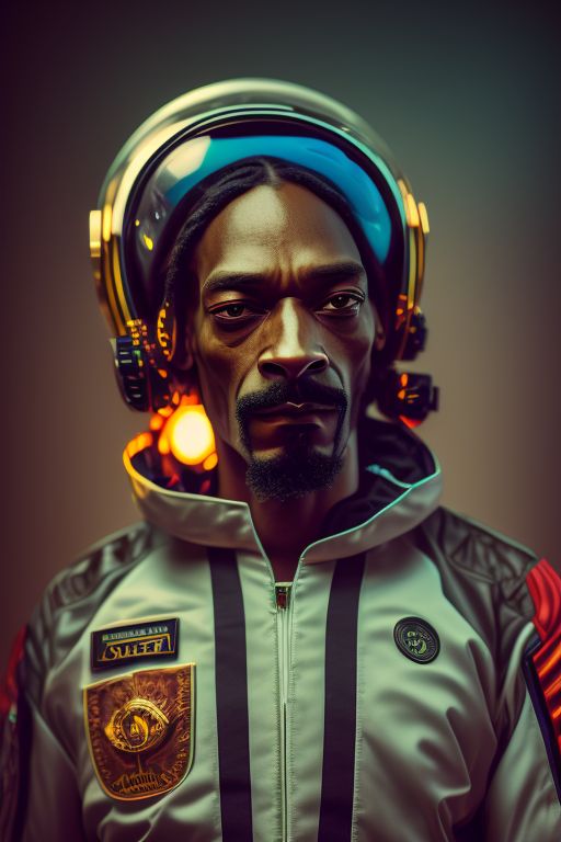 Analog style, a realistically gritty photo of Snoop Dogg as a futuristic space pilot  with a handlebar mustache,dark background,rim light, perfect white balance,, Nikon Z9