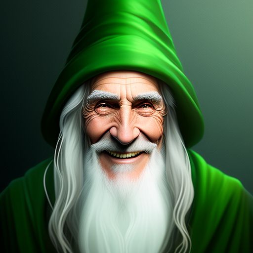 very old skinny male wizard with long wispy white hair, kind smile, milky eyes, long nose, green wizard robes