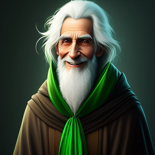 very old skinny male wizard with long wispy white hair, kind smile, milky eyes, long nose, green wizard robes