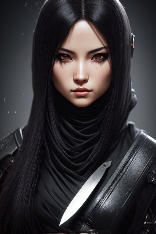 weighty-lion613: chibi female ninja assassin sticker. knives. Straight  hair, black and collected. anime style.