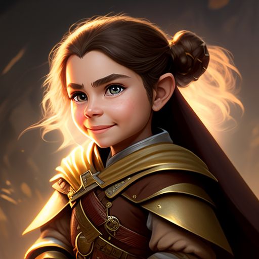 dungeons and dragons portrait of a halfling cleric, brown thin priest robe  brown cloak, broach of a daisy, light brown hair tied back in a pony tail, defined cheekbones, wry smile, spear and shield in hand