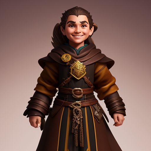 dungeons and dragons portrait of a halfling cleric, brown thin priest robe  brown cloak, broach of a daisy, light brown hair tied back in a pony tail, defined cheekbones, wry smile, spear and shield in hand