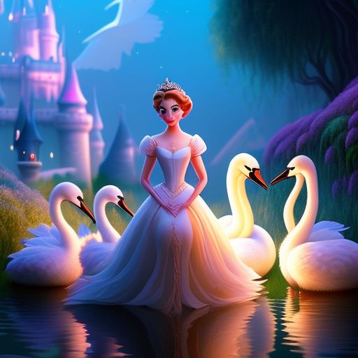 The fairy tale The Wild Swans. Princess Eliza. Eleven brothers turned into swans. Walt Disney Animation Studios film. Traditional animation, with the characters in the style of a walt disney animation studios film, the animation should be traditional, with vivid colors and warm lighting, the image should be highly detailed and intricate, and include all eleven brothers turned into swans alongside the princess. trending on artstation and deviantart, with art by glen keane and andreas deja.